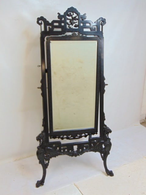 Ebonized Japanesque chevelle mirror, with carved bird detail and winged griffin feet, adjustable, (1 of 7)