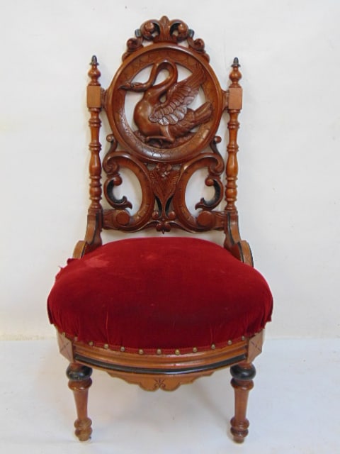 19th Century carved side chair with swan carved in back support, red upholstered seat, chair is (1 of 4)