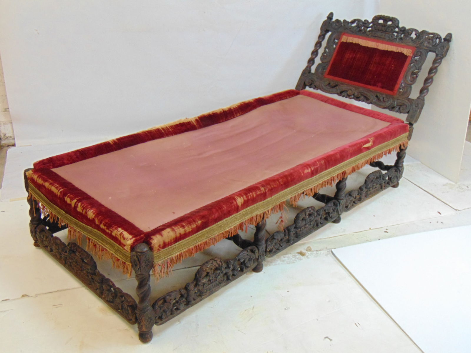 Antique daybed with carved frame & "headboard", old velvet upholstery, bed is 70.5" long, 31" wide, (1 of 5)