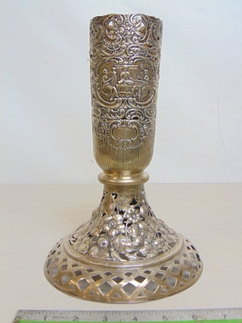 Large sterling trumpet vase base by Black Starr & Frost, floral decorated, no insert, base only,: Large sterling trumpet vase base by Black Starr & Frost, floral decorated, no insert, base only, opening is 2 7/8", height is 10.5", 22 troy