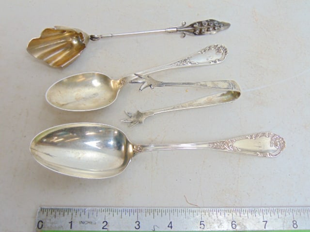 4 sterling serving pieces, 2 spoons by Bullard Bros., tongs & sugar spoon, 5.2 troy (1 of 4)