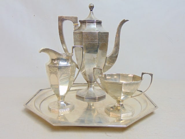 4 piece sterling silver tea set, marked "B.S.C.", tray, teapot, sugar & creamer, 54.5 troy (1 of 5)