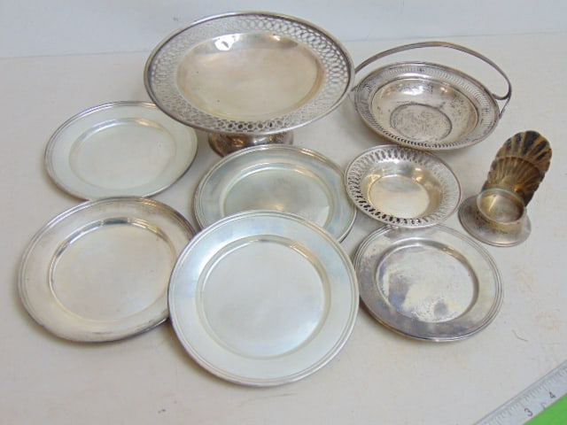 Sterling silver lot, 6 plates, 6" each; compote with reticulated edge, 2 small dishes, basket & (1 of 4)