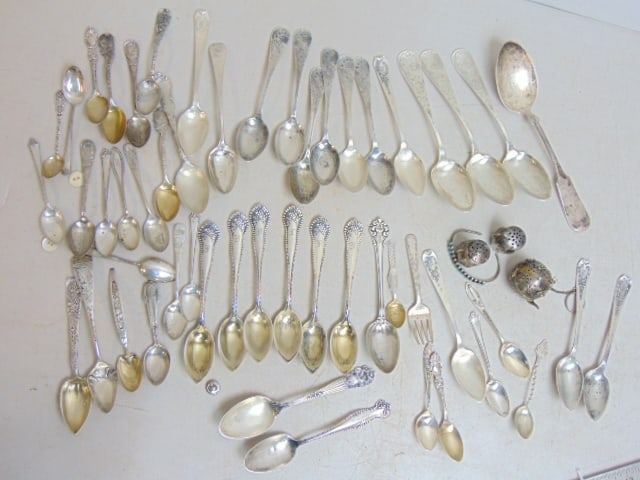 Large lot sterling silver, various spoons, salts, 29 troy (1 of 5)