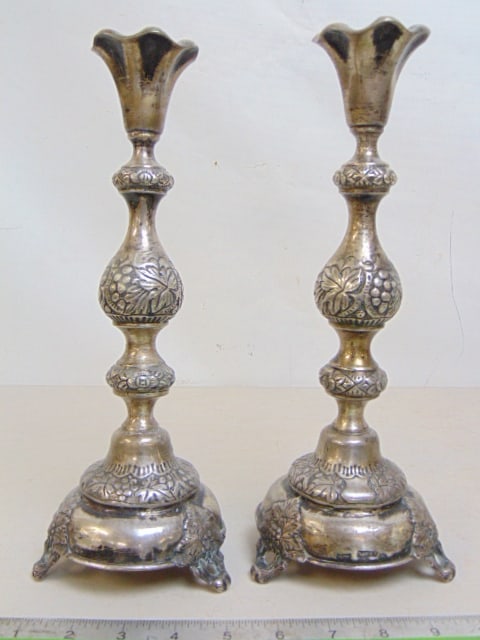 Pair Judaica silver candlesticks, 11.75" tall, 16 troy (1 of 4)