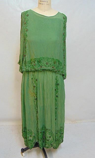 Early 20th c. green beaded dress, flapper, Art Deco, some discolor, see photos for condition issues, (1 of 8)