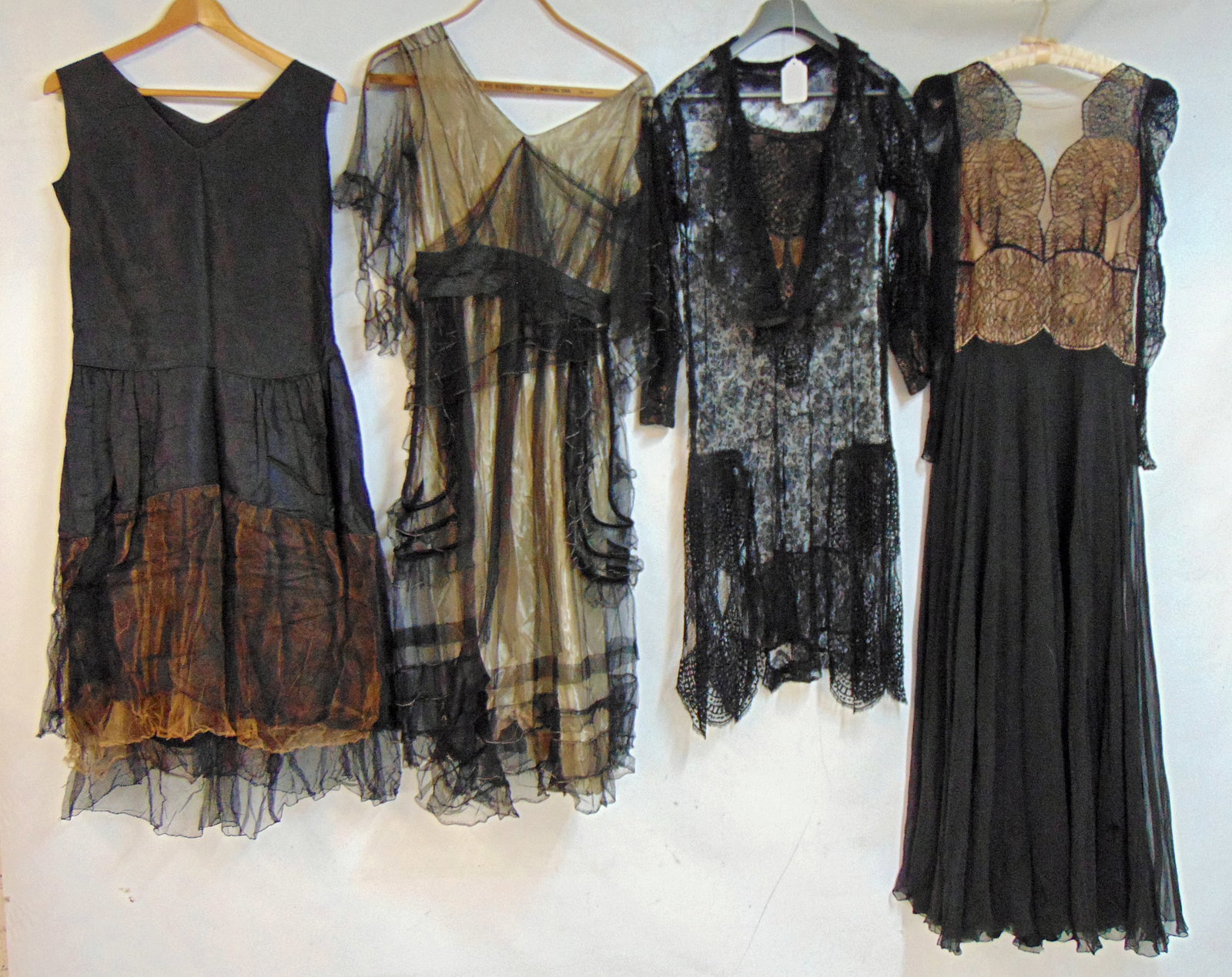 4 Early 20th c. black dresses lace, toile, see photos for condition issues, some tears and holes: 4 Early 20th c. black dresses lace, toile, see photos for condition issues, some tears and holes