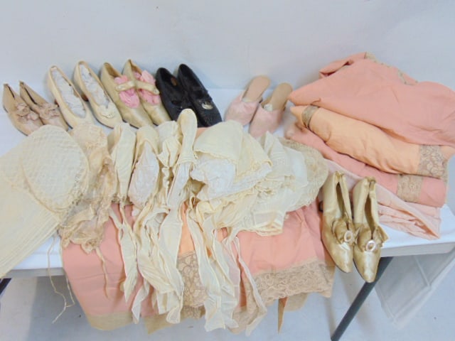 Large Collection of Victorian accessories to include 6 pairs antique shoes, 11antique bed caps, lace (1 of 14)
