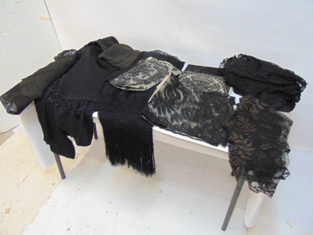 Large Collection of Victorian Mourning to include lace veils, jet applique shawl, & other (1 of 7)