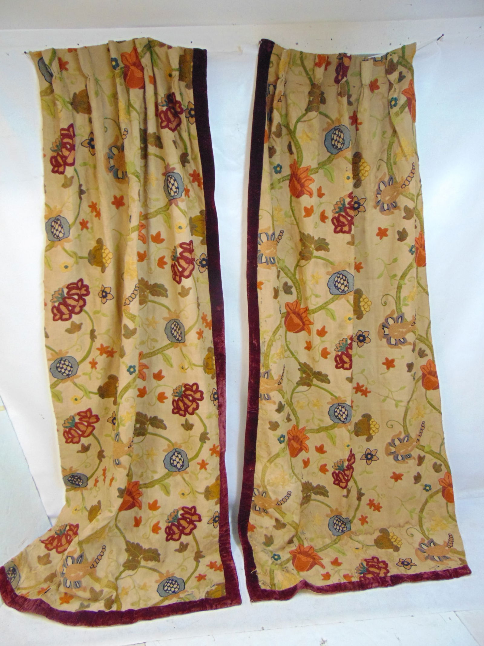 Pair early antique/vintage Crewel embroidered drapes/curtains w/ velvet trim, fully lined (1 of 12)