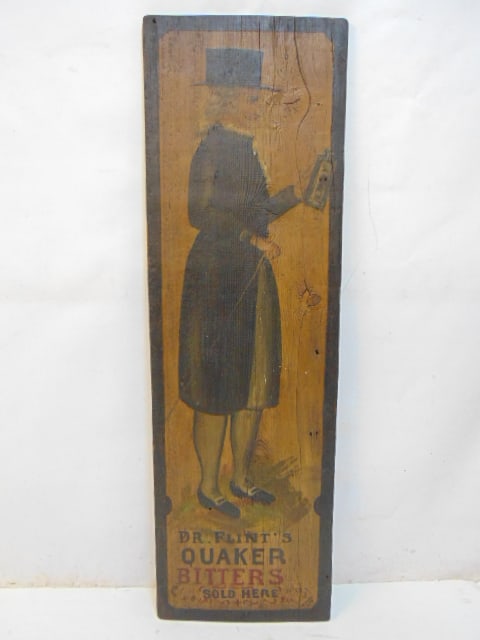 Advertising sign, Dr, Flint's QUAKER BITTERS SOLD HERE, painted sign on wood panel, dated lower: Advertising sign, Dr, Flint's QUAKER BITTERS SOLD HERE, painted sign on wood panel, dated lower right, 1977, on old wood panel, 47.5" by 14.5"