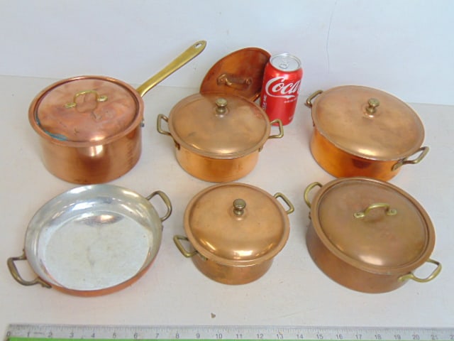 Lot 6 copper pots & pans with brass handles, diminutive size, several are marked "Made in Western (1 of 6)