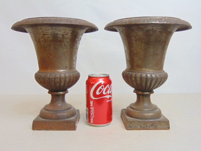 Pair small decorative cast iron urns, 9.75" tall, diameter is 8" (1 of 4)