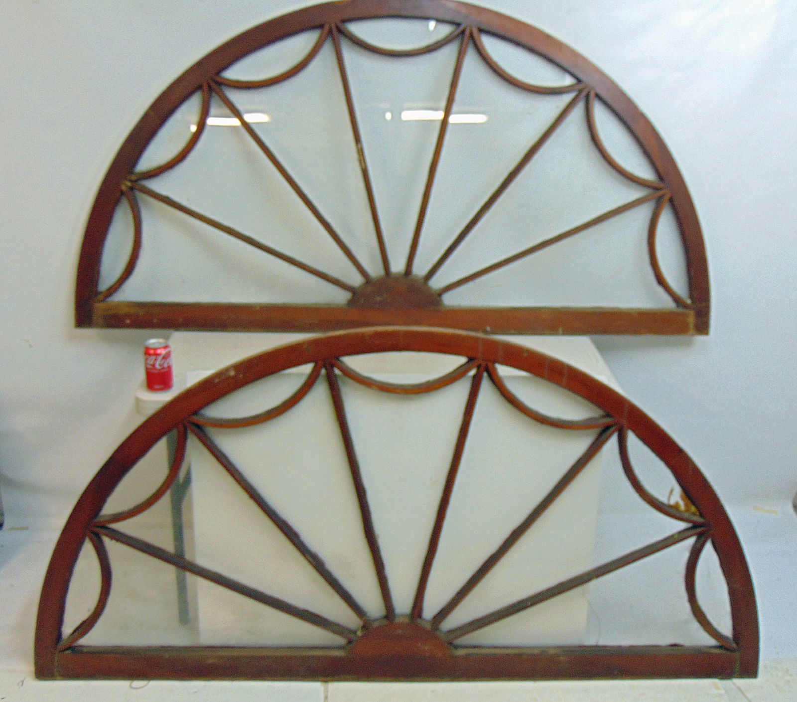 Pair architectural demi lune windows, fan shaped panels with ribbon top, each window is 73.5" long, (1 of 5)