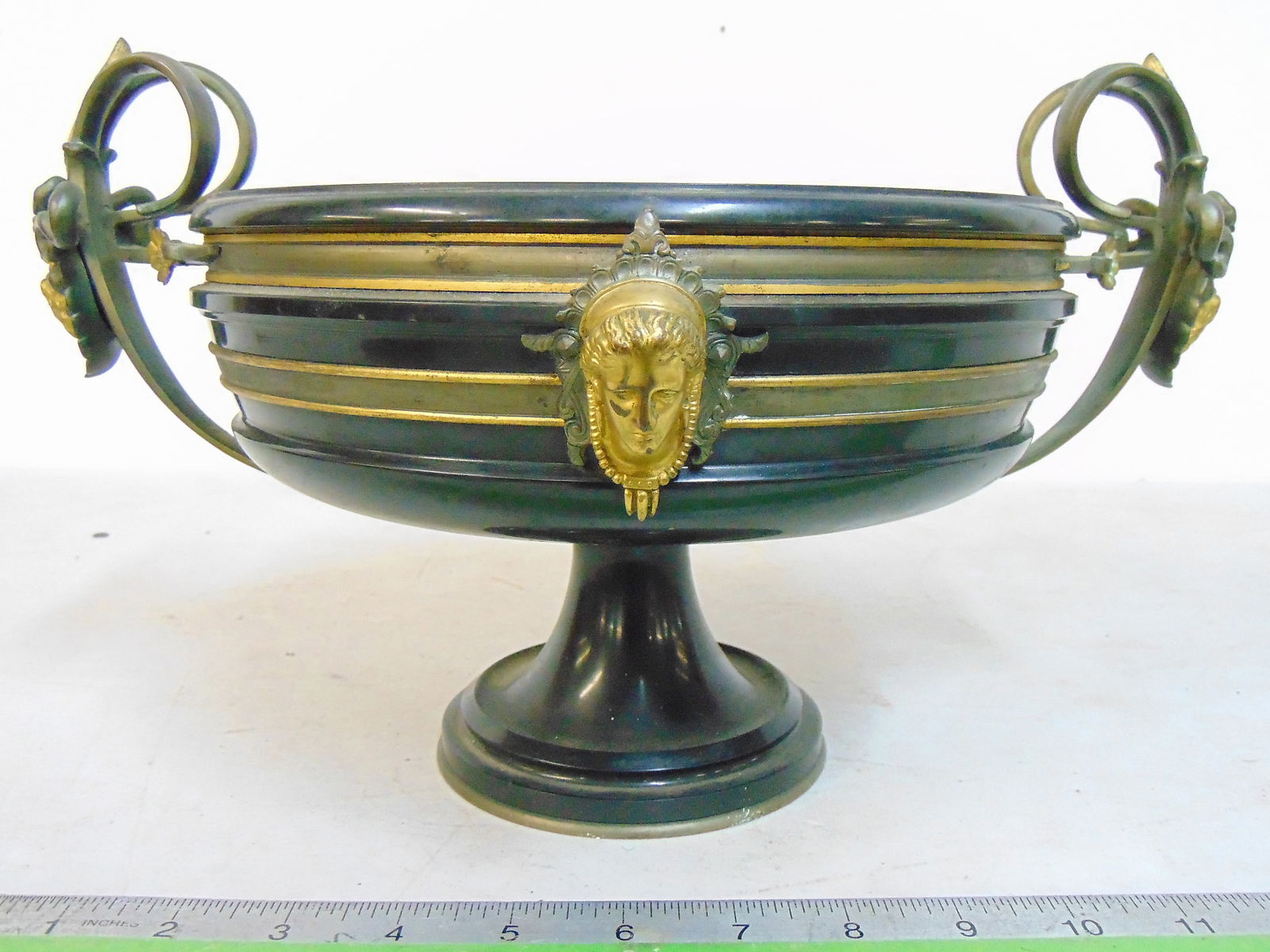 Romanesque bronze mounted basalt basin, F. Barbedienne, has two handles decorated with Bacchus (1 of 7)