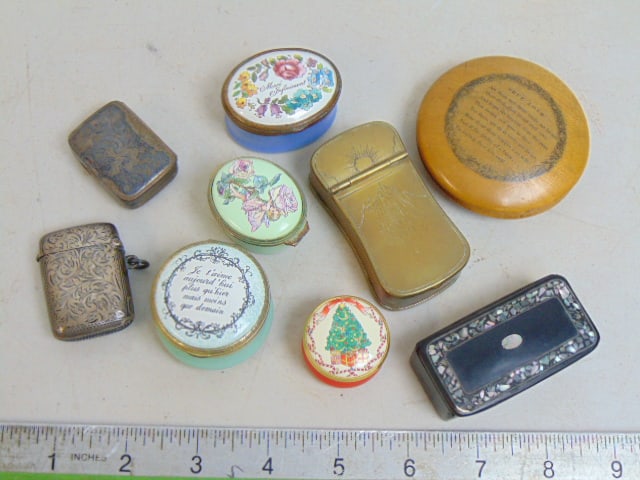 Lot small boxes, Halcyon Days, silver wood & paper mache, includes 9 boxes (1 of 6)