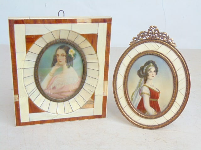 Two miniature portraits of elegant ladies, natural material frames, one signed Lebman, other signed (1 of 5)