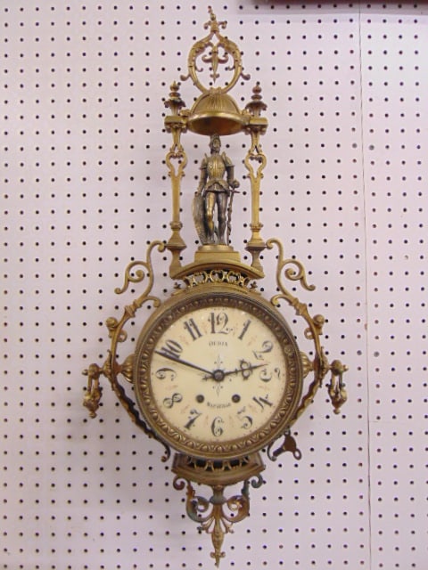 French bronze wall clock by Oudin, Marseille, with figural knight decoration, pendulum missing, (1 of 6)