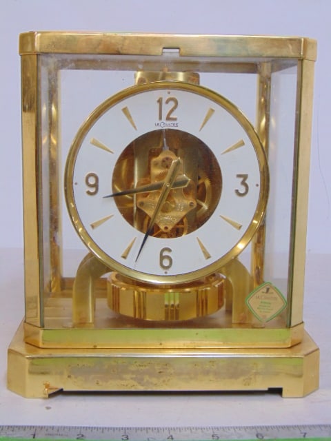 Atmos clock by LeCoultre, brass & glass case, 8.25" by 6.25", height is 9 1/8", working condition, (1 of 5)