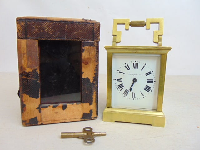 Carriage clock in original case, by Smith Patterson Company, Boston, made in France, leather (1 of 5)