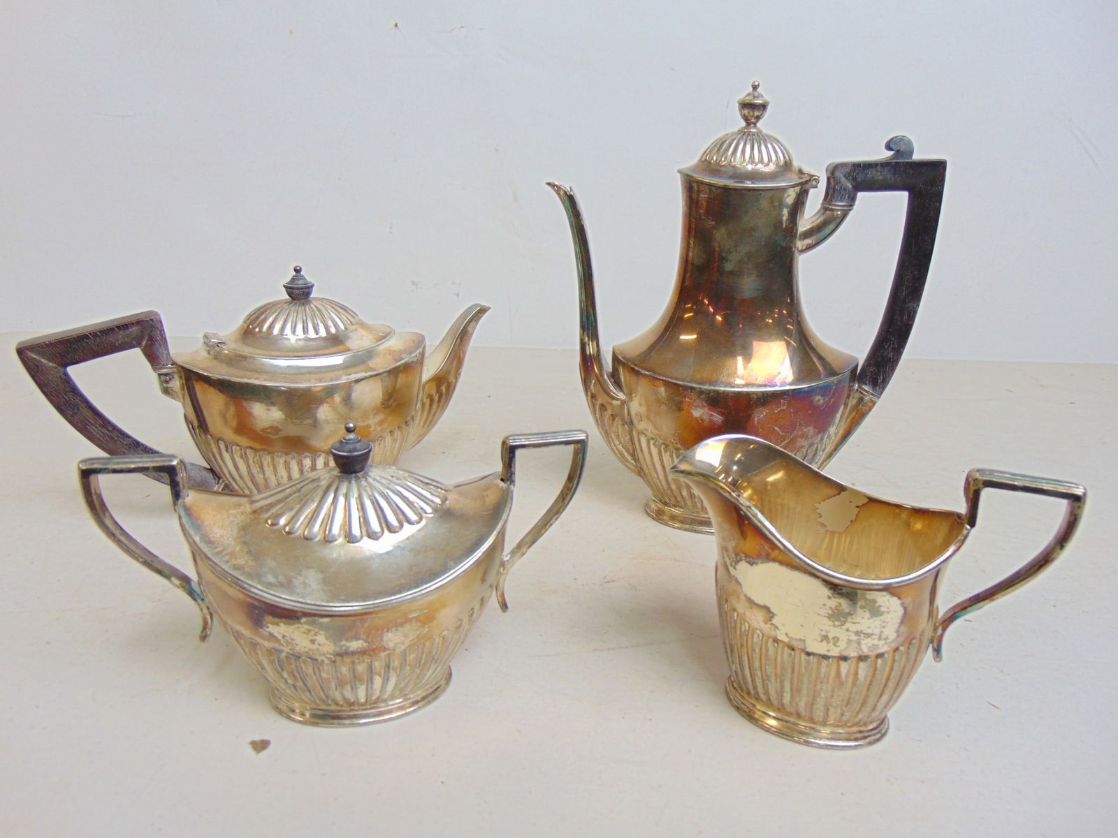 Tiffany & Co Makers silver-plated 4 piece tea set, sugar, creamer, coffee & tea pot, wood handles (1 of 5)
