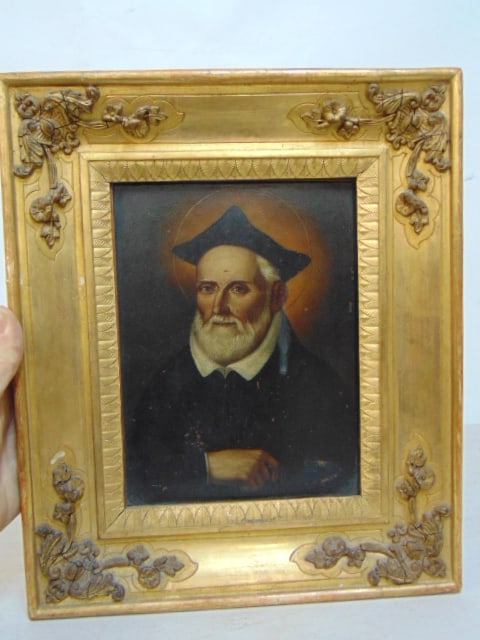 Painting, portrait of a bearded gentleman, Russian Orthodox saint, unsigned, oil on copper, 8.25" by (1 of 4)