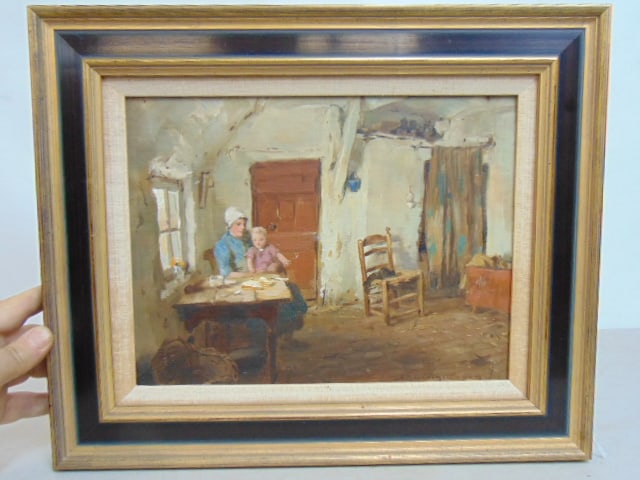 Painting, mother and child in primitive kitchen, signed illegibly, oil on canvas board, 9.25" by (1 of 4)