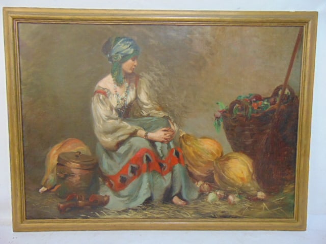 Painting, Gypsy girl with basket, unsigned, oil on canvas, 38" by 52.75", several old patch repairs: Painting, Gypsy girl with basket, unsigned, oil on canvas, 38" by 52.75", several old patch repairs