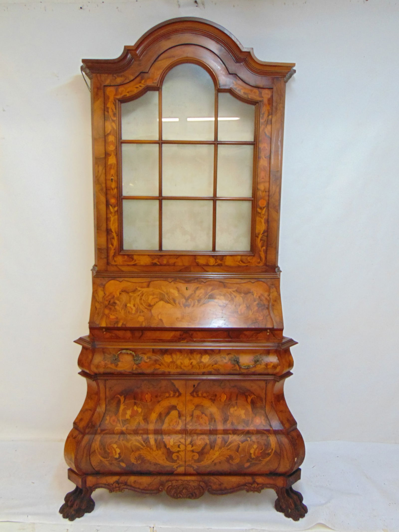 Dutch style bombe base secretary desk with extensive inlaid detail & claw feet, glass paneled door, (1 of 5)