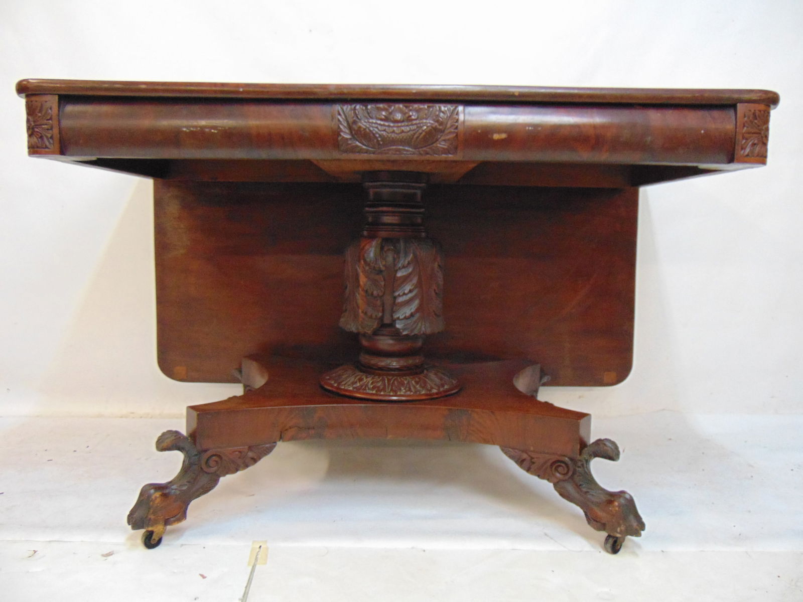 Period Federal mahogany drop leaf table with claw feet and carved detail, table is 46.5" by 47" (1 of 5)