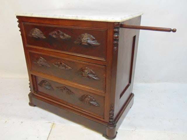 Victorian mahogany marble top washstand, with three drawers, stand is 30' by 17.5", height is 30": Victorian mahogany marble top washstand, with three drawers, stand is 30' by 17.5", height is 30"