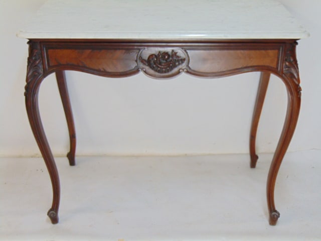 Marble top single drawer hall table with carved detail on stylish curved legs, white marble top, (1 of 5)