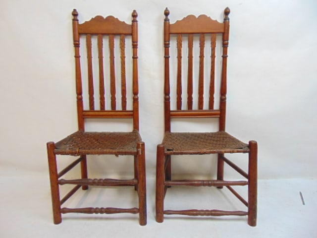 Pair Bannister back chairs, stretcher base with woven seats, seats are as is, loss, sagging, seat (1 of 5)