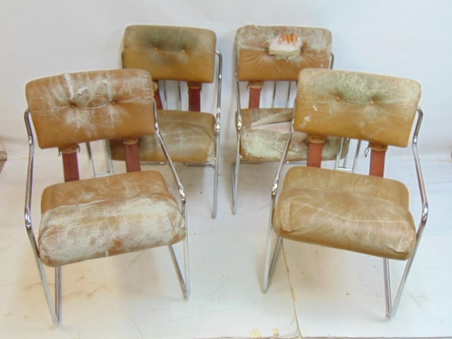 Set 4 Italian Tucroma chairs by Guido Faleschini, leather & chrome, in original as found condition,: Set 4 Italian Tucroma chairs by Guido Faleschini, leather & chrome, in original as found condition, leather is worn and ripped, some straps broken, chairs need restoration