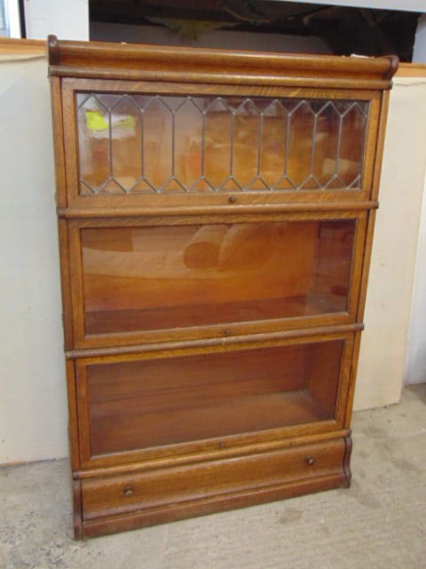 3 stack oak bookcase with leaded top section, bookcase is 34" wide, 51" tall, glass in good (1 of 4)