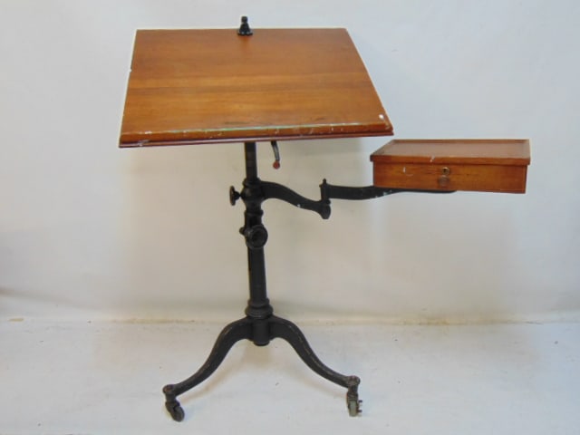 Iron base drafting table with adjustable extension with drawer, oak work area is 26" by 21.75" (1 of 7)