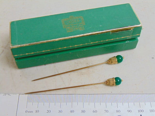 JEWELRY. CARTIER 14kt hat pins jade or chalcedony, original box, both signed Cartier 14k total wht (1 of 4)