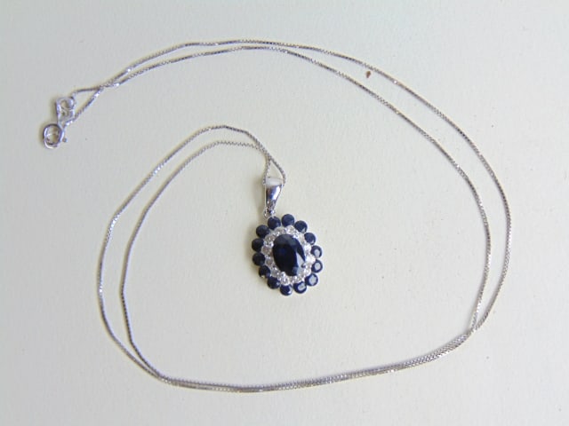 JEWELRY. 14kt white gold diamond & sapphire pendant with chain, contemporary, 3.30 grams (1 of 5)
