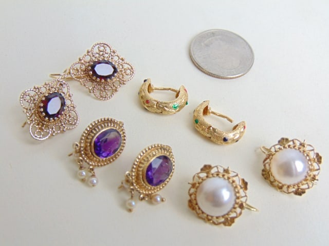 JEWELRY. (4) Pairs of 14kt gold earrings with assorted gemstones. total weight 18.70 (1 of 5)