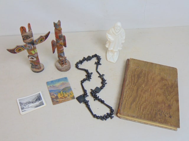 Native American & Inuit lot, 2 small totem poles, black stone necklace with small birds & fish, (1 of 12)