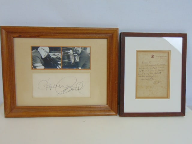 2 autographs, Henry Cowell & John Ruskin, Henry Cowell signature framed as collage with two: 2 autographs, Henry Cowell & John Ruskin, Henry Cowell signature framed as collage with two photographs, additional info on reverse; Ruskin autograph part of a small letter to Isaac Pitman.