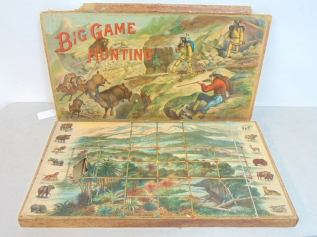 Vintage game, "Big Game Hunting", A New Game, by Mcloughlin Bro's, NY, in as found condition,: Vintage game, "Big Game Hunting", A New Game, by Mcloughlin Bro's, NY, in as found condition, original box, lid has loss, 14.25" by 25.5"