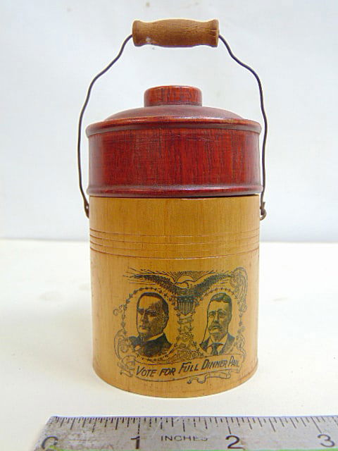 Political Advertising, William McKinley and Theodore Roosevelt campaign, wooden lidded dinner pail (1 of 4)