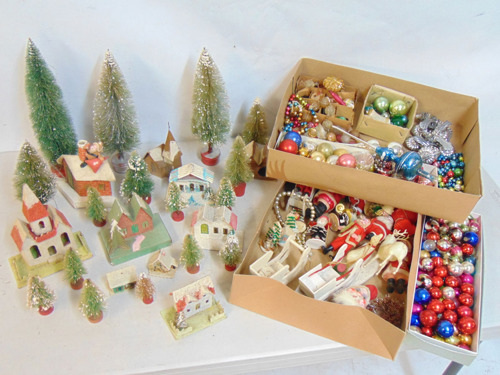 Large lot vintage Christmas ornaments, decorations, houses, small trees, Santa figures & more. (1 of 7)
