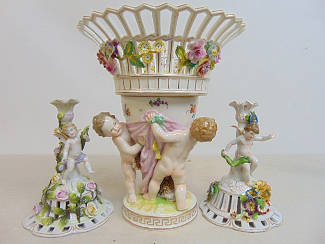 Dresden porcelain centerpiece & 2 figurines, large bowl on figural base with reticulated floral (1 of 10)