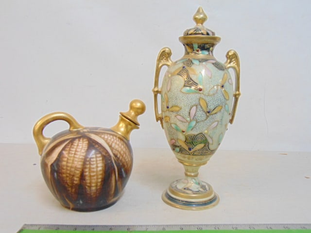 Hand Painted ceramic Nippon vase with lid & paint decorated teapot with corn scenes. (1 of 5)
