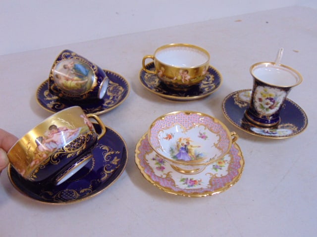 5 decorative cups & saucers, 3 Austrian (Beehive mark) pair & single with hand painted detail, plus (1 of 9)