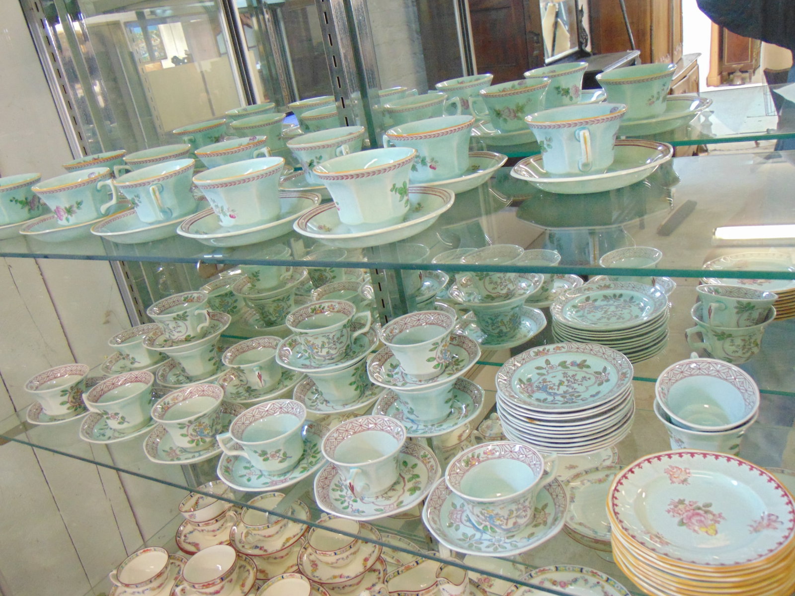 Lot Adams English ironstone cups & saucers and small cake plates, assembled lot, various patterns,: Lot Adams English ironstone cups & saucers and small cake plates, assembled lot, various patterns, all by Adams