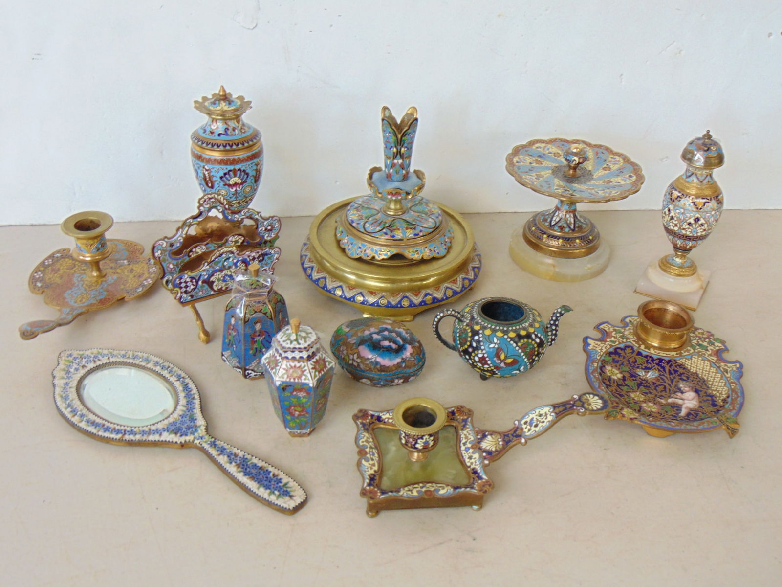 Large lot of champlevé, cloisonne & micro mosaic, includes inkwell, small jars, candle holder, (1 of 11)