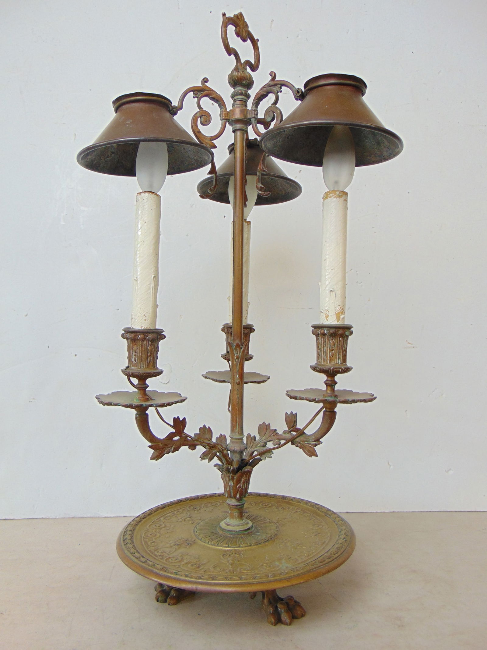 Brass & copper table lamp with 3 arms & adjustable shades, claw feet, 19th Century, lamp is 23.25" t (1 of 6)